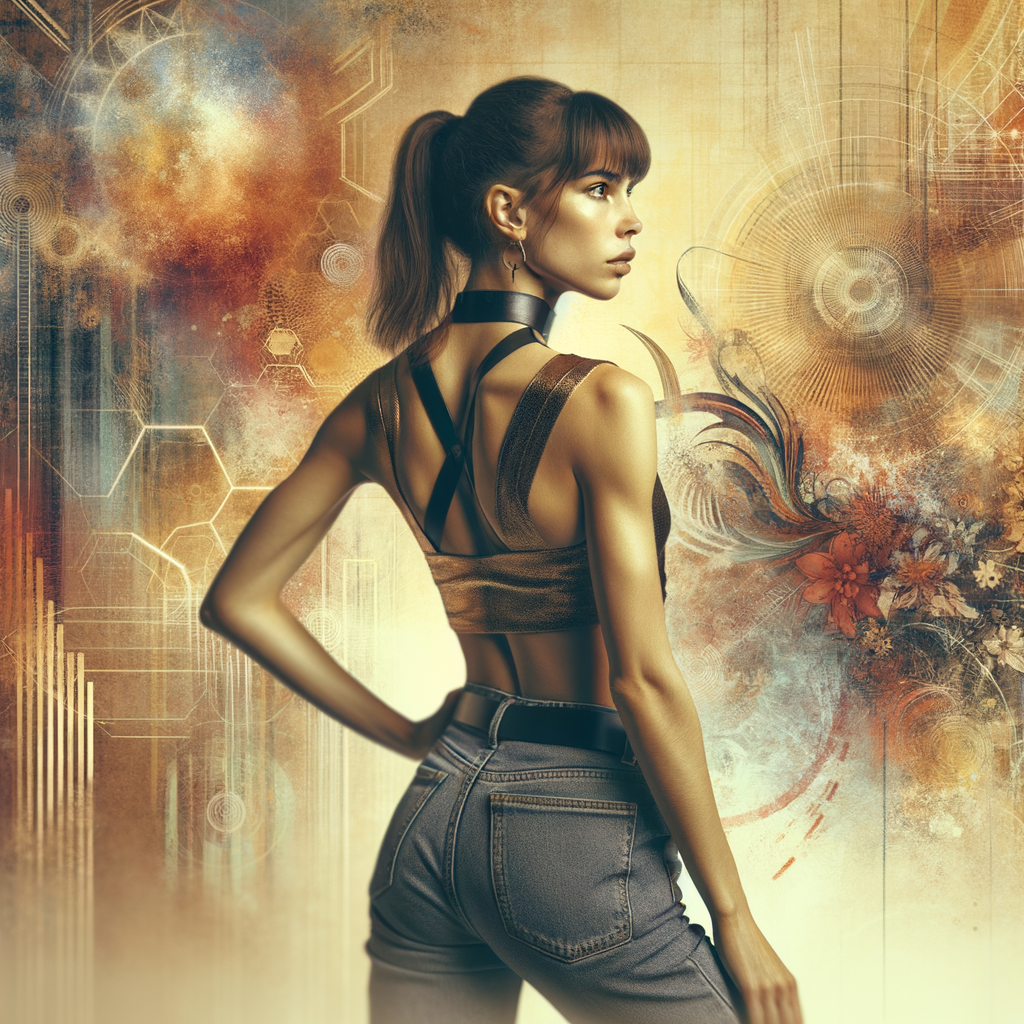 Athletic Thin skinny Attractive, Asian teenage girl, long brown hair and bangs, wearing tight skinny jeans and a halter top paint marks on her clothing, heroic pose Asian graffiti background, backside view