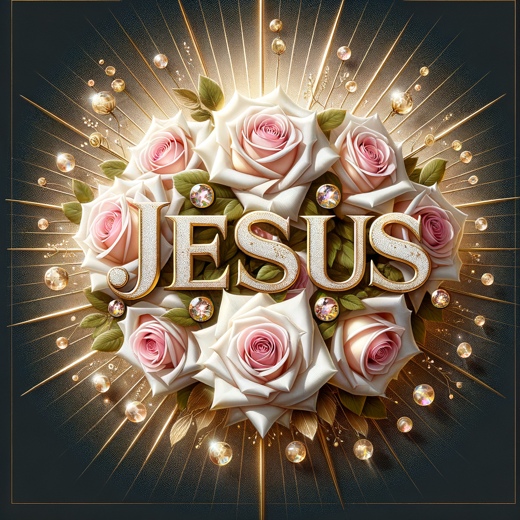 Create an elegant and celebratory image that radiates warmth and grace. At the forefront, craft the word "JESUS" in bold, 3D lettering with a luxurious mix of metallic sheen and white enamel, giving it a raised, tangible feel. Surround the text with a bouquet of beautifully rendered soft pink roses in full bloom, exuding a sense of peace and love. Include accents of gold leaf and small, radiant gemstones that gently scatter light. The backdrop should feature a radiant halo of golden rays emanating outward, enhancing the composition's divine atmosphere. The overall design should convey a sense of reverence and the beauty of faith, all harmoniously balanced and rich in texture.