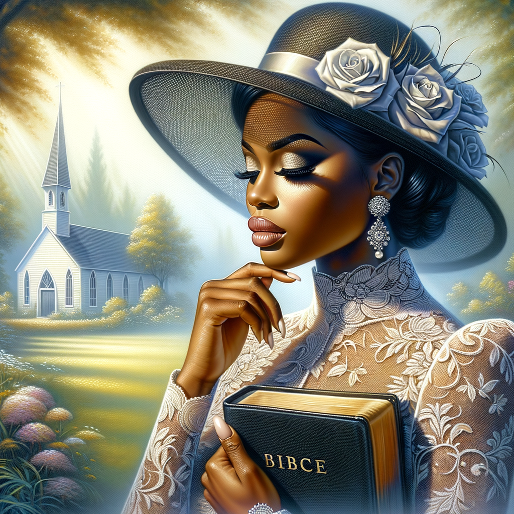 Render an airbrush oil painting of an African American woman with flawless makeup in a
contemplative pose, holding a Bible close to her heart, dressed in an elegant Sunday Best
outfit with a distinctive Church Hat. The background features a peaceful church garden,
with light filtering through the trees, highlighting her spiritual connection and the personal
moment of reflection. The artwork should capture the tranquility of the scene, the beauty
of her attire, and the depth of her contemplation, reflecting a serene and spiritually