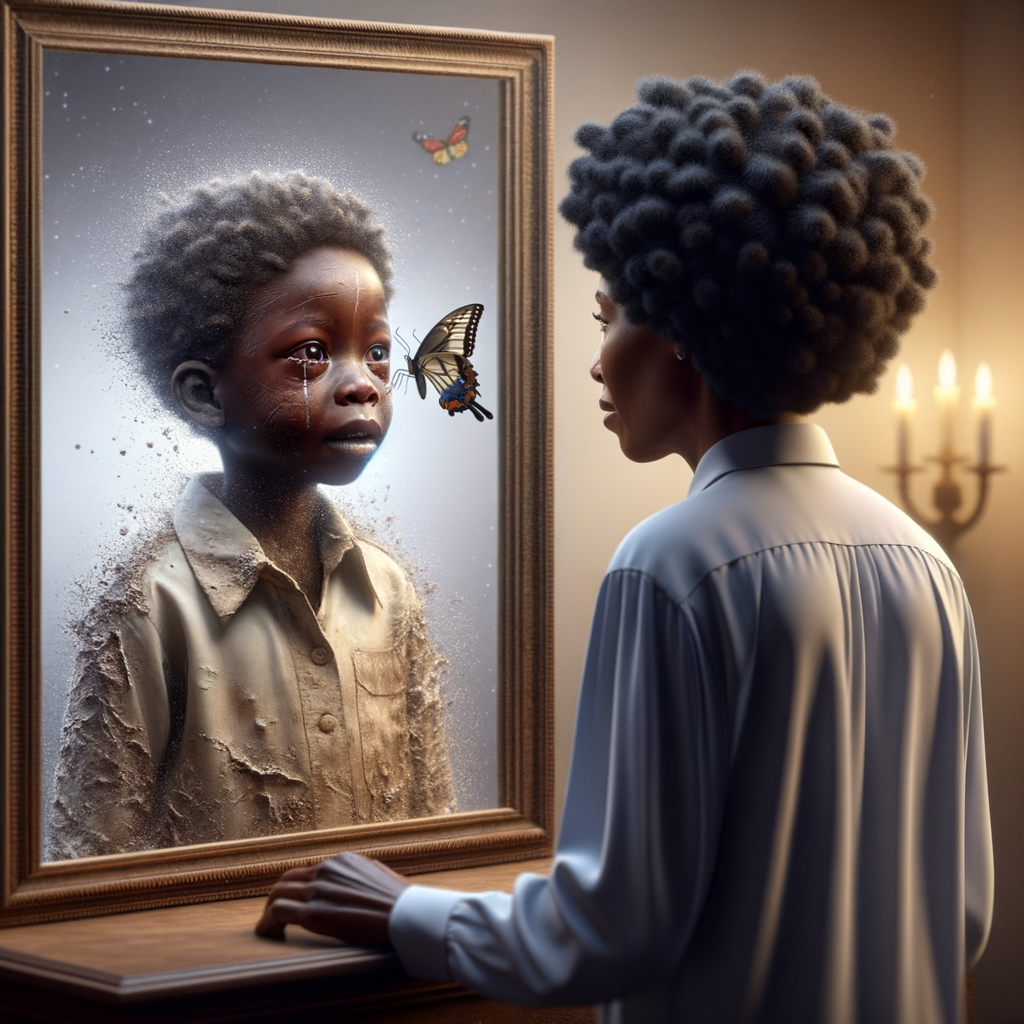 Create a 3-D realistic, adult african-American, female and male looking at themselves in the mirror but the child them has scars dirty crying and sad, with a falling butterfly