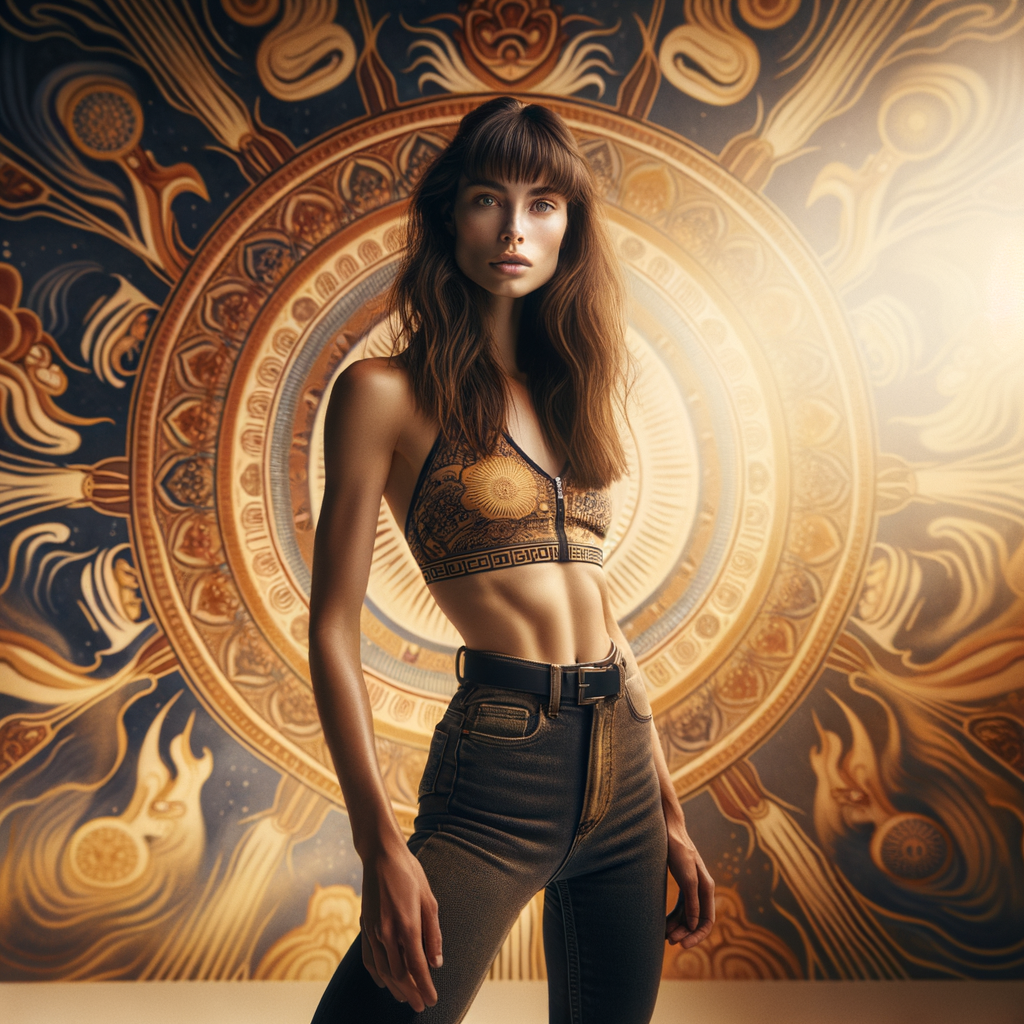 Athletic Thin skinny Attractive, Asian teenage girl, long brown hair and bangs, wearing tight skinny jeans and a halter top paint marks on her clothing, heroic pose Asian graffiti background, backside view