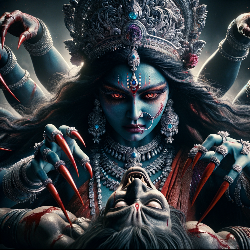 photograph of angry looking, gorgeous goddess kali, blue skinned carrying a weak mahishasur in her two arms and poking him with her amazingly long red fingernails. She is wearing a huge silver crown, red saree, abundant silver jewelry, covered in blood. The scene is set in ancient India. The image is 8K resolution, cinematic, ultra detailed face and epic.