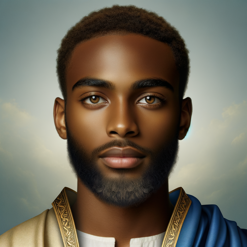 Create handsome African-American, Jesus, with Hazel Brown eyes wearing a blue and gold robe