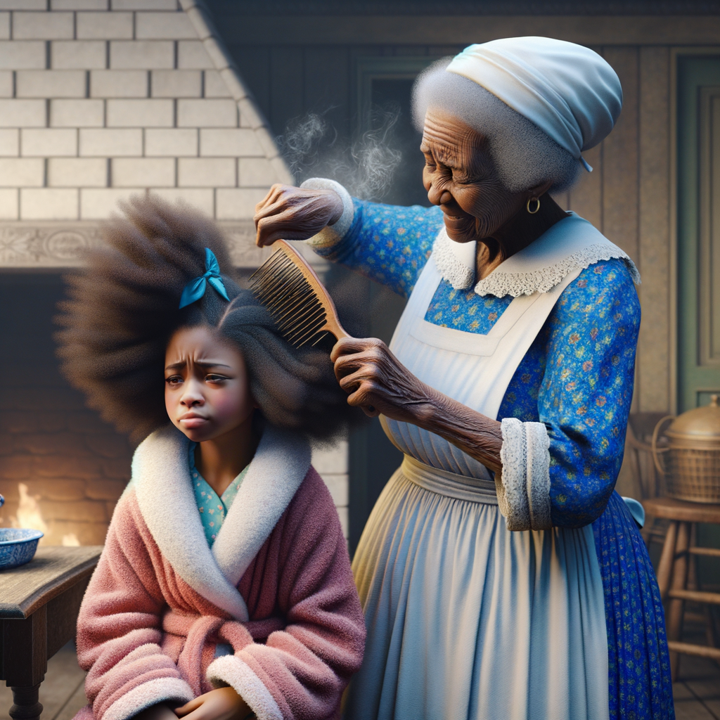 Create a realistic 3-D image of an african-American grandmother wearing a blue house dress and a white apron . She is in the kitchen with her african-American granddaughter. Her granddaughter is wearing a pink bath robe. The grandmother has a hot comb in her hand and she is straightening her granddaughters hair. One side of her granddaughters hair is in  a Afro the other straight 
There is smoke coming from the hot comb
The granddaughter is making a face