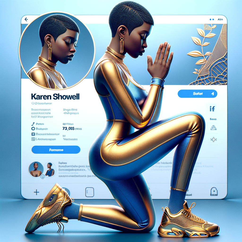 Create a 3D illustration of a realistic light skinned African-American woman on The remote her knees Praying , she has a black pixie cut haircut FACEBOOK social media with a FACEBOOK BACKGROUND . She is wearing a gold and blue jumpsuit and gold and blue Nike gym shoes. The background is a FACEBOOK social media profile with a user name “KAREN SHOWELL ” and profile FACEBOOK Cover