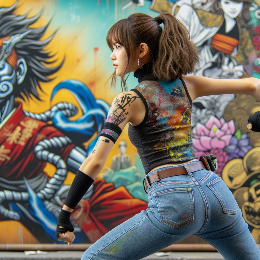 Attractive, Asian teenage girl, long brown hair and bangs, wearing tight skinny jeans and a halter top paint marks on her clothing, backside view heroic pose Asian graffiti