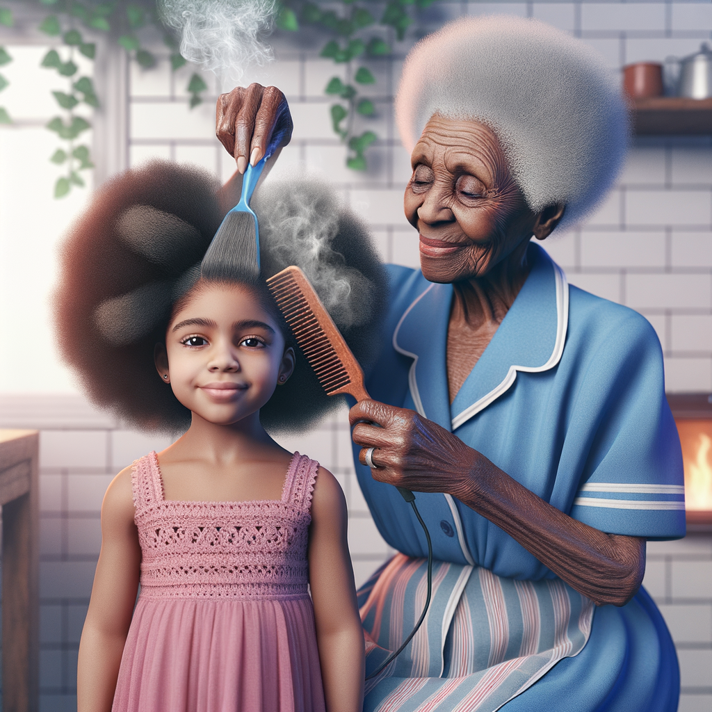 Create a realistic 3-D image of an african-American grandmother wearing a blue house dress. She is in the kitchen with her african-American granddaughter. Her granddaughter is wearing a pink dress The grandmother has a hot comb in her hand and she is straightening her granddaughters hair. One side of her granddaughters hair is in  a Afro the other straight 
There is smoke coming from the hot comb