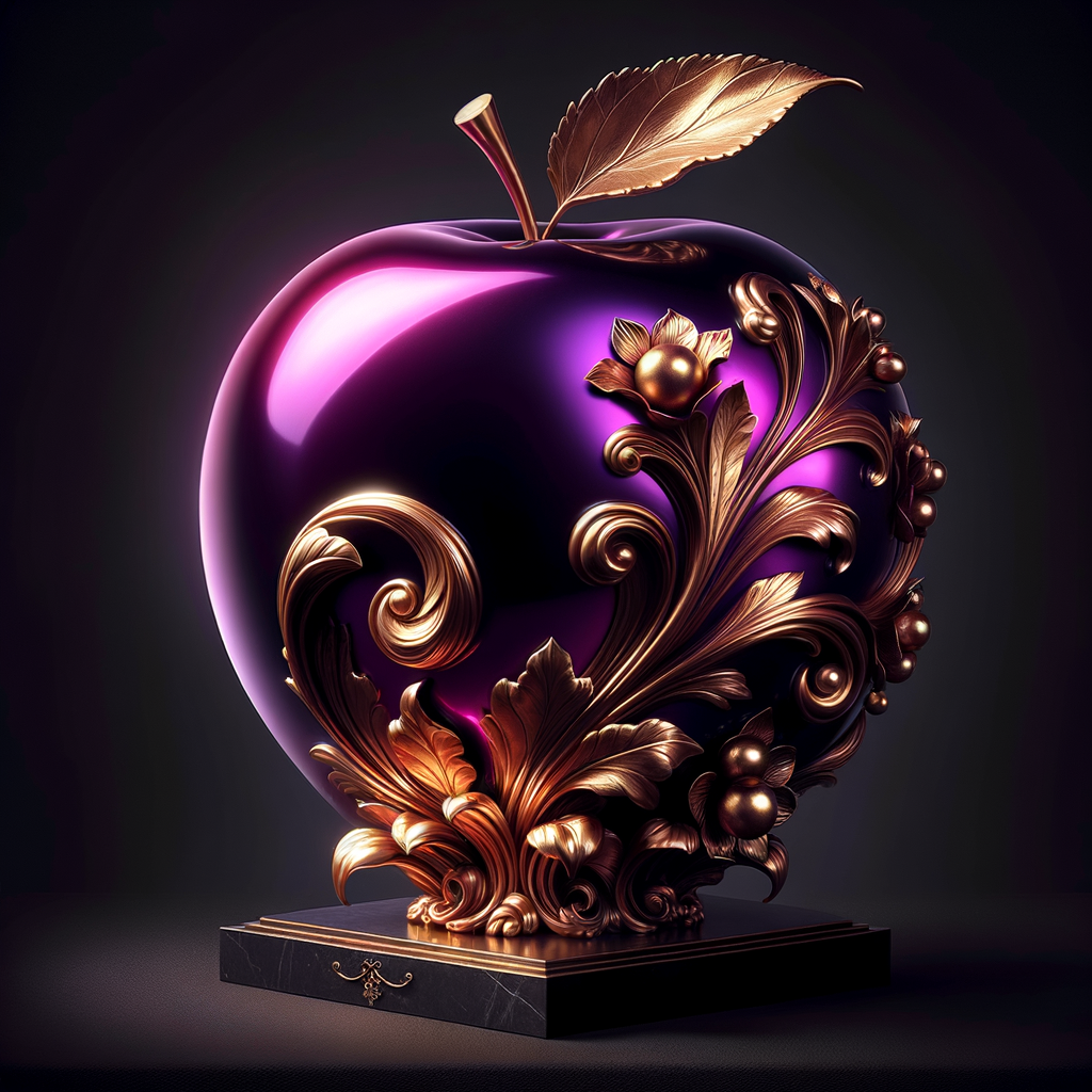 Envision a lustrous, oversized apple with a surface that gleams in a radiant shade of purple, as if lacquered to a high shine, reflecting light from its smooth, curvaceous form. The apple is adorned with elegant gold leaf patterns that swirl luxuriously around its contour, bringing a baroque opulence to its appearance. The stem, a bronzed sculpture in itself, supports a single leaf that seems to glow with an inner luminescence. At the apple’s base, a collection of flowers blooms, their petals softening the scene with organic shapes and colors that harmonize with the vibrant purple and gold. Incorporated into the metallic filigree in an artful script is the name "Karen," as if the apple were personally inscribed, enhancing the custom and bespoke quality of the piece.