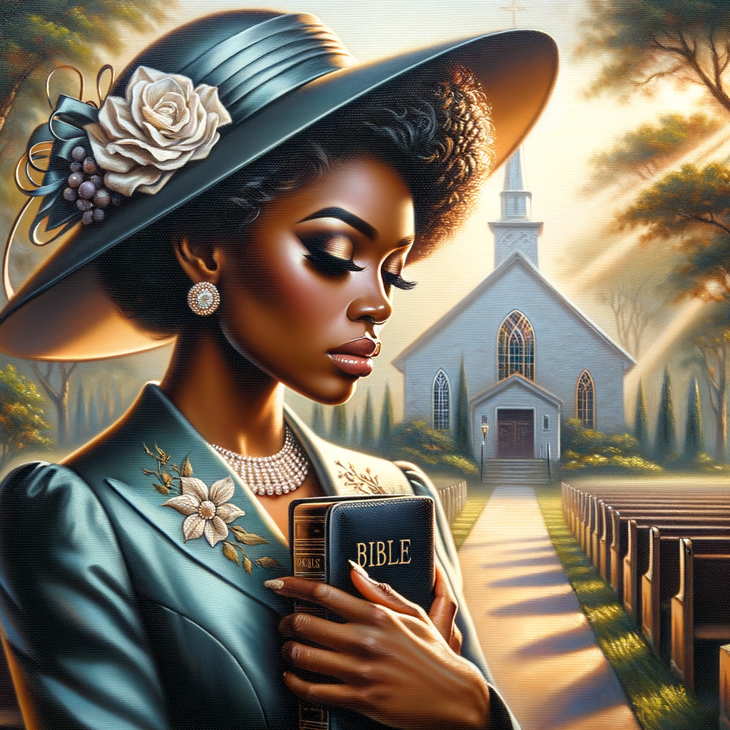 Render an airbrush oil painting of an African American woman with flawless makeup in a
contemplative pose, holding a Bible close to her heart, dressed in an elegant Sunday Best
outfit with a distinctive Church Hat. The background features a peaceful church garden,
with light filtering through the trees, highlighting her spiritual connection and the personal
moment of reflection. The artwork should capture the tranquility of the scene, the beauty
of her attire, and the depth of her contemplation, reflecting a serene and spiritually