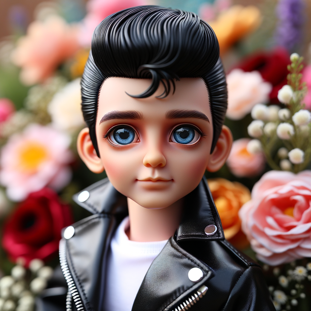 Elvis Presley doll with huge blue eyes flowers in the background