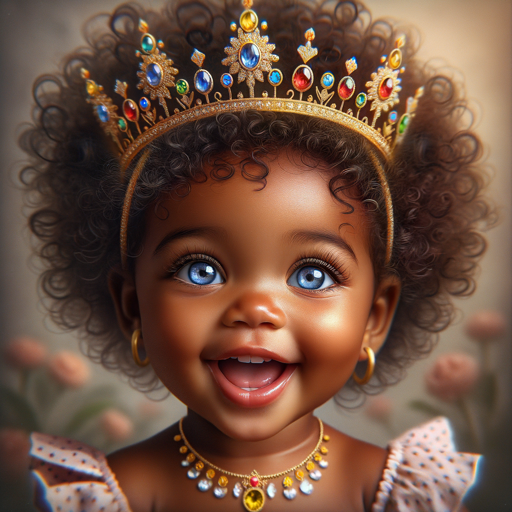 "Create a digital portrait of an adorable african-American baby girl with a joyful expression. She is wearing a gold crown with colorful jewels. Her big, bright blue eyes are wide with wonder, and her tiny mouth is shaped in a happy grin. Her skin has a warm, honey-brown tone, and she has an abundance of thick curly black hair, The background is soft and neutral to keep the focus on her delightful features. The portrait should be vibrant and heartwarming, celebrating the innocence and charm of childhood."