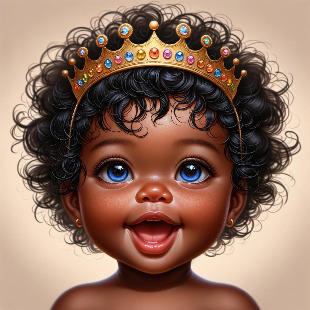 "Create a digital portrait of an adorable african-American baby girl with a joyful expression. She is wearing a gold crown with colorful jewels. Her big, bright blue eyes are wide with wonder, and her tiny mouth is shaped in a happy grin. Her skin has a warm, honey-brown tone, and she has an abundance of thick curly black hair, The background is soft and neutral to keep the focus on her delightful features. The portrait should be vibrant and heartwarming, celebrating the innocence and charm of childhood."