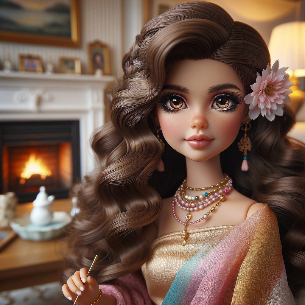 Create an image of a stylized, Latino doll-like girl seated in a cozy living room with a warm fireplace. She has voluminous, wavy hair cascading over her shoulders, tinted with shades of chestnut and mocha. Her large, expressive eyes are a deep brown, fringed with long, fluttery lashes. A delicate pink flower tucks behind one ear, complementing her youthful glow. She wears a gold, pink, and blue body on dress with soft, flowing fabric that drapes elegantly over her small frame. Around her neck is a dainty necklace adorned with beads and a gentle sprinkle of gemstones reflecting subtle light. In her hand, she holds a pearly seashell as a charming accessory. Behind her, the living room is inviting, with plush furnishings, a mantelpiece adorned with family photos and trinkets, and a crackling fireplace that casts a comforting glow and dancing shadows around the room, enhancing the ambiance of a serene home setting