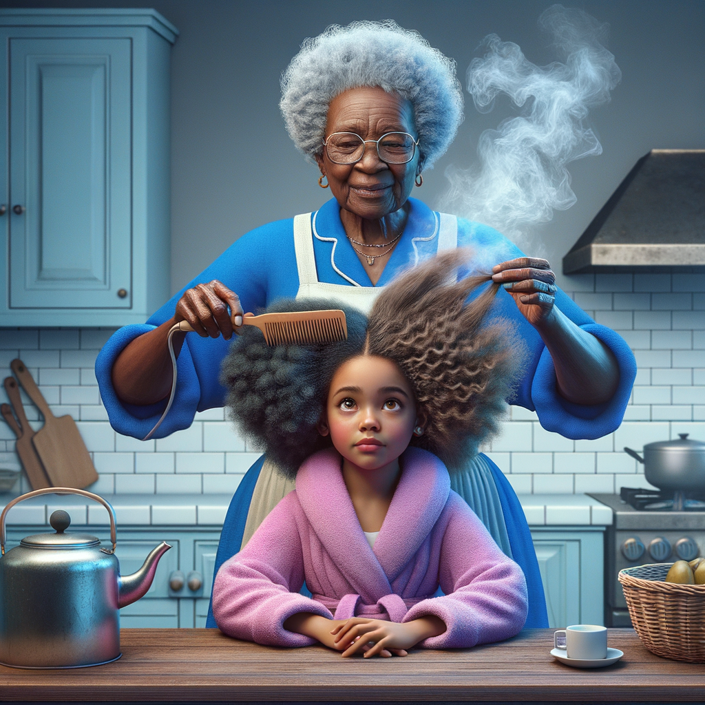 Create a realistic 3-D image of an african-American grandmother wearing a blue house dress and a white apron . She is in the kitchen with her african-American granddaughter. Her granddaughter is wearing a pink bath robe. The grandmother has a hot comb in her hand and she is straightening her granddaughters hair. One side of her granddaughters hair is in  a Afro the other straight 
There is smoke coming from the hot comb
The granddaughter is holding her ear and making a funny face