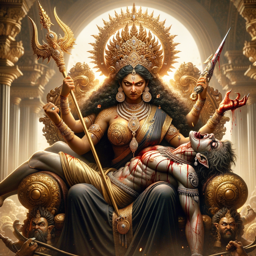 portrait of angry looking goddess durga sitting on a gold crown and carrying a weak mahishasur on her lap and stabbing him with her amazingly designed trident. She is wearing a huge diamond crown, black saree, abundant diamond jewelry, covered in blood. The scene is set in ancient India. The image is 8K resolution, photograph, cinematic, ultra detailed face and epic.