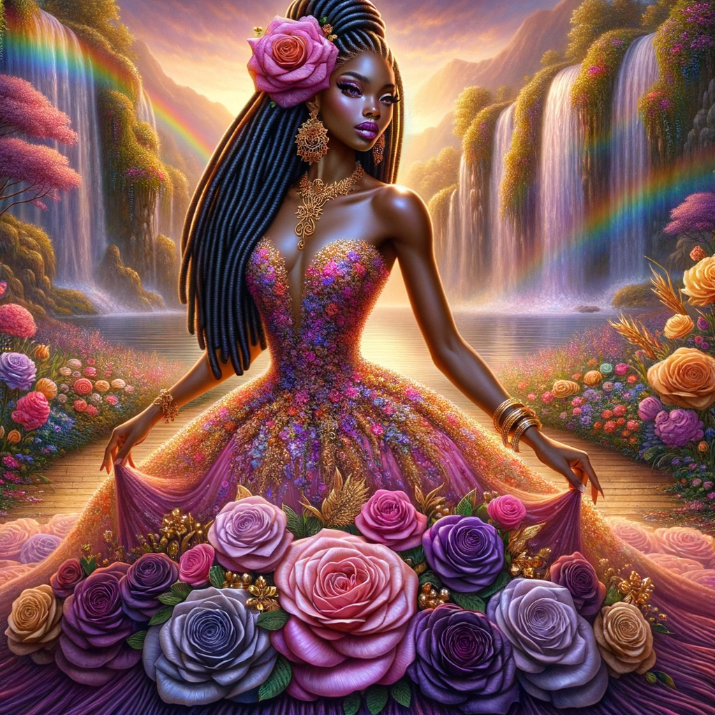 Remix Prompt
S/O Jackie Torres
S/O Panda Locke

create a animated style hyper realistic airbrush whimsical oil painting of a light African American woman wearing a flawless beautiful purple, pink, and gold blossom dress long flowing with colorful flowers and ruffles on the dress colorful jewelry made of flowers she has long black dreadlocks in a bun a colorful rose in her hair her peep toe shoes is matching her dress behind her is a beautiful waterfall liquid glowing lights beautiful colorful rainbow surrounded by beautiful roses.