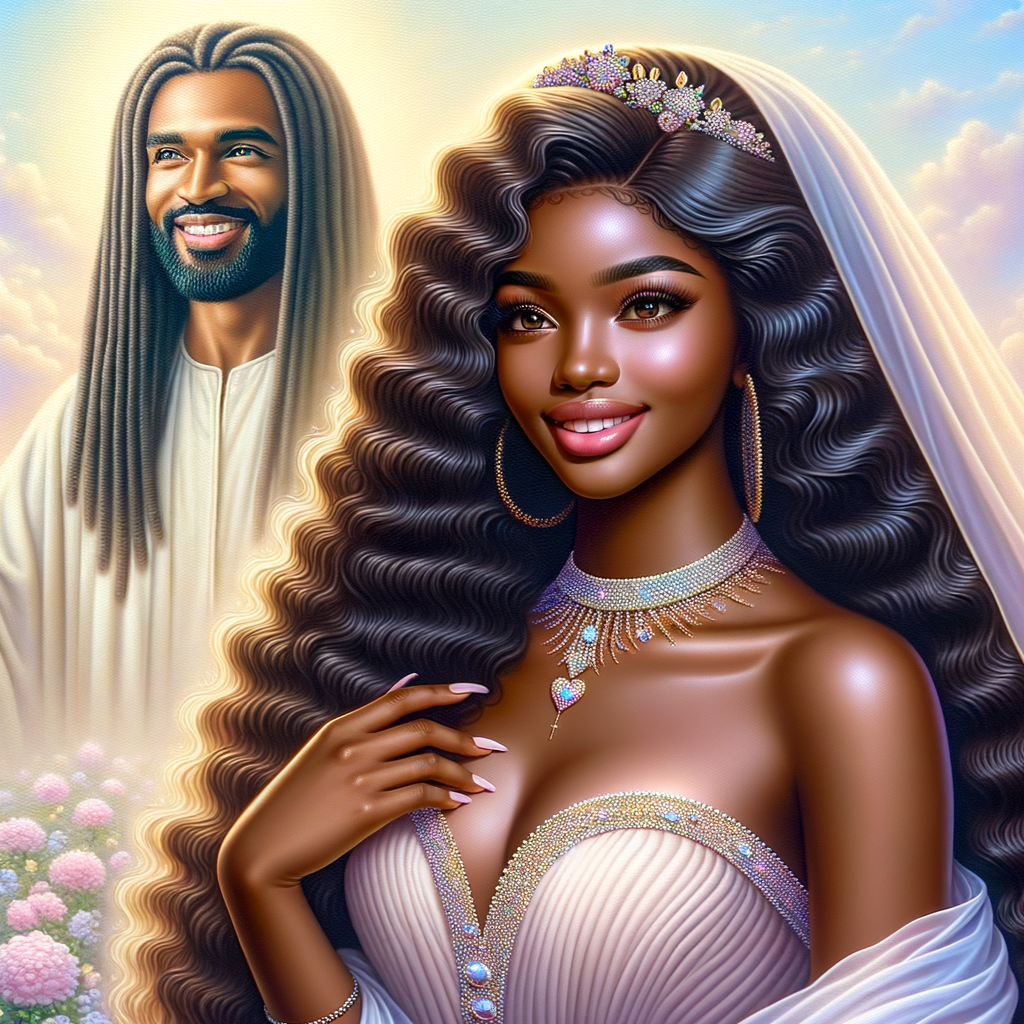 Create a 3-D realistic oil, painting of a beautiful African-American bride. She has long flooring, wavy hair and her gown has beautiful jewels around the neckline. in the background there is a beautiful African-American Jesus Christ with long dreadlocks, and he is smiling. He is very handsome pastel flowers throughout the image.