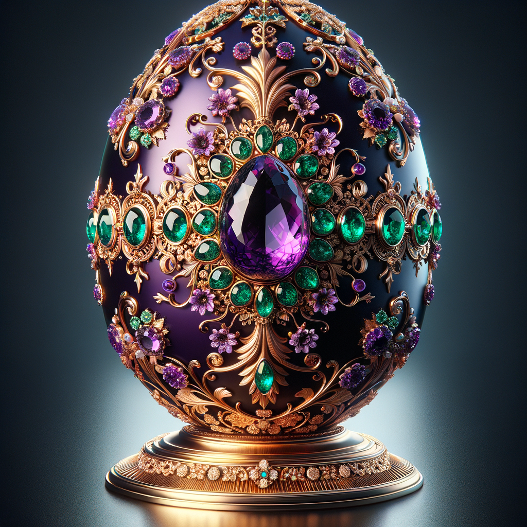 Create an image of an exquisite egg-shaped object, oriented to face the viewer head-on. The design should feature a deep purple base adorned with opulent gold filigree, floral patterns, and encrusted with various jewels such as emeralds, sapphires, and a prominent amethyst. The egg stands regally on a gold pedestal, gleaming with reflective elegance. Its intricate details and rich colors should convey a sense of luxury and royal splendor.