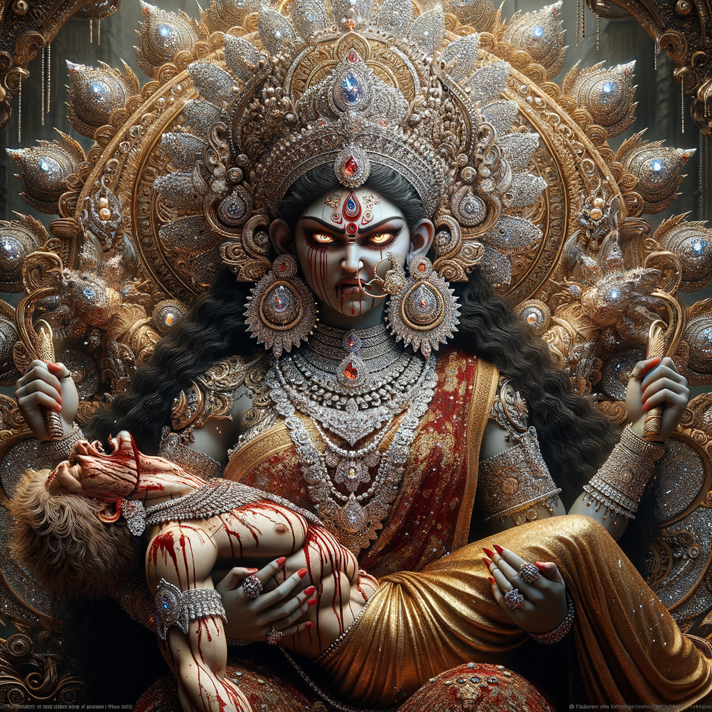 portrait of angry looking goddess durga, sitting on a gold crown and carrying a weak mahishasur on her lap. She is wearing diamond armor, a huge diamond crown, red saree, abundant diamond jewelry, covered in blood. The scene is set in ancient India. The image is 8K resolution, cinematic, ultra detailed face and epic.