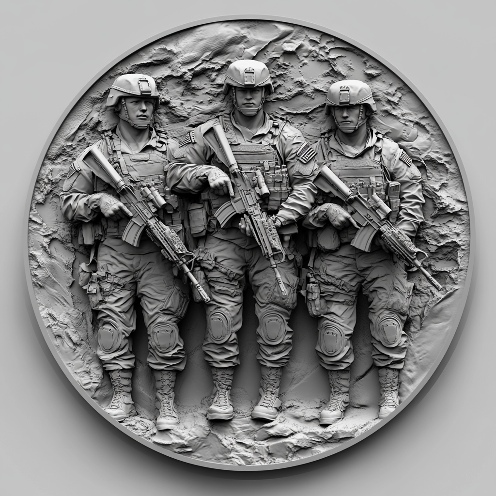 Design a high-contrast grayscale 3d bas relief of three marine soldiers, The composition should be circular like a coin emblem, designed for CNC routing with balanced lighting to accentuate fine details, sharp edges, and distinct textures. Employ deep shadows and strong highlights to define planes and surfaces clearly.