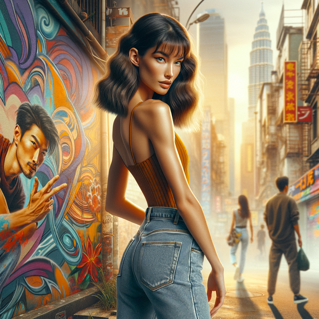 Athletic Thin skinny Attractive, Asian teenage girl, long brown hair and bangs, wearing tight skinny jeans and a halter top paint marks on her clothing, heroic pose Asian graffiti background, backside view