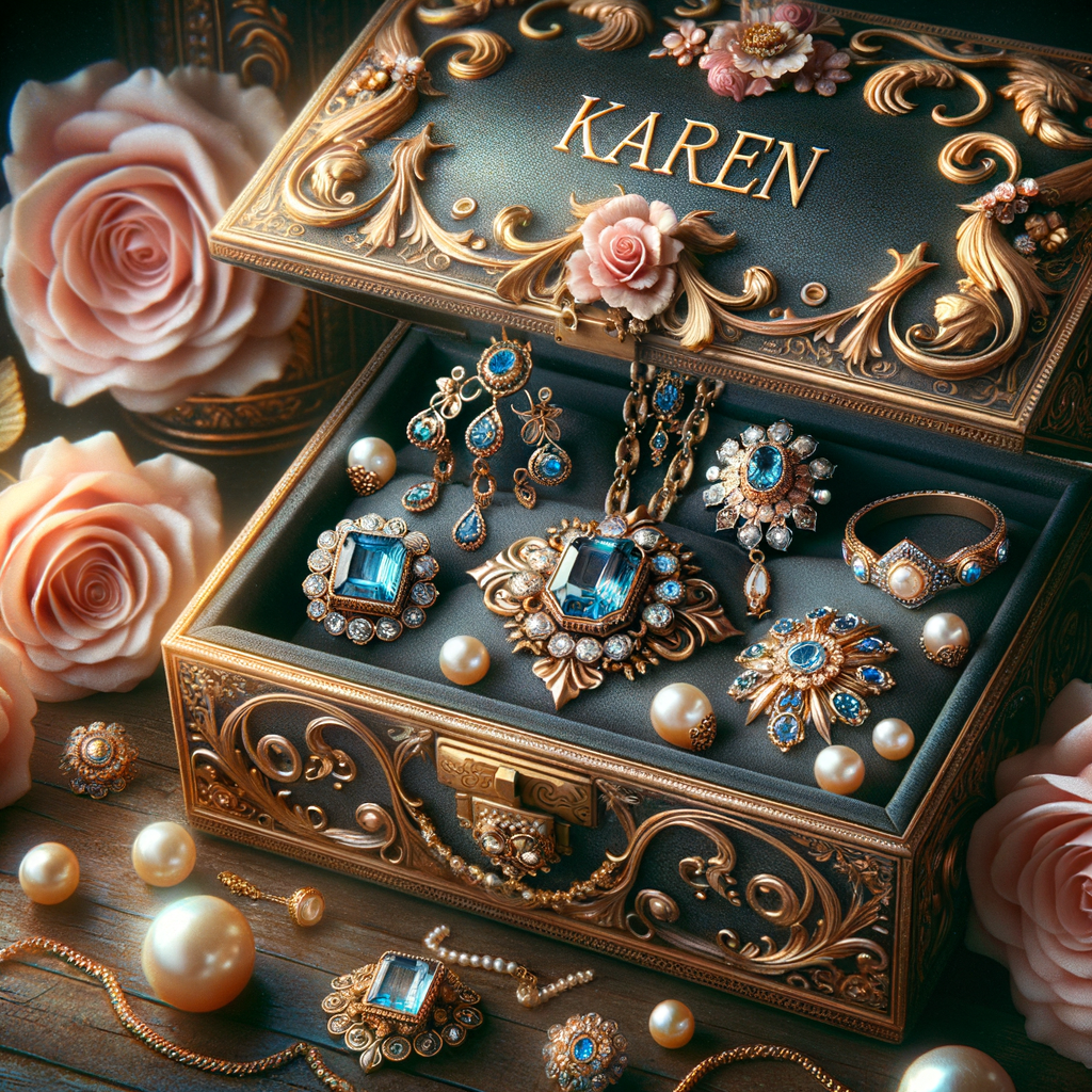 Create an image of an ornate jewelry box richly detailed with golden swirls and floral motifs, with no items on the top. Inside the box lies a collection of exquisite jewelry, each piece featuring vibrant blue gemstones set amongst pearls and golden accents. This treasure is placed on a dark wooden surface, subtly reflecting the luster of the gems. Around the box, there are loose gemstones, a golden flower, and soft pink roses in the blurred background, contributing to the elegant ambiance. The name 'Karen' is elegantly inscribed above the jewelry box, adding a personalized touch to the scene.