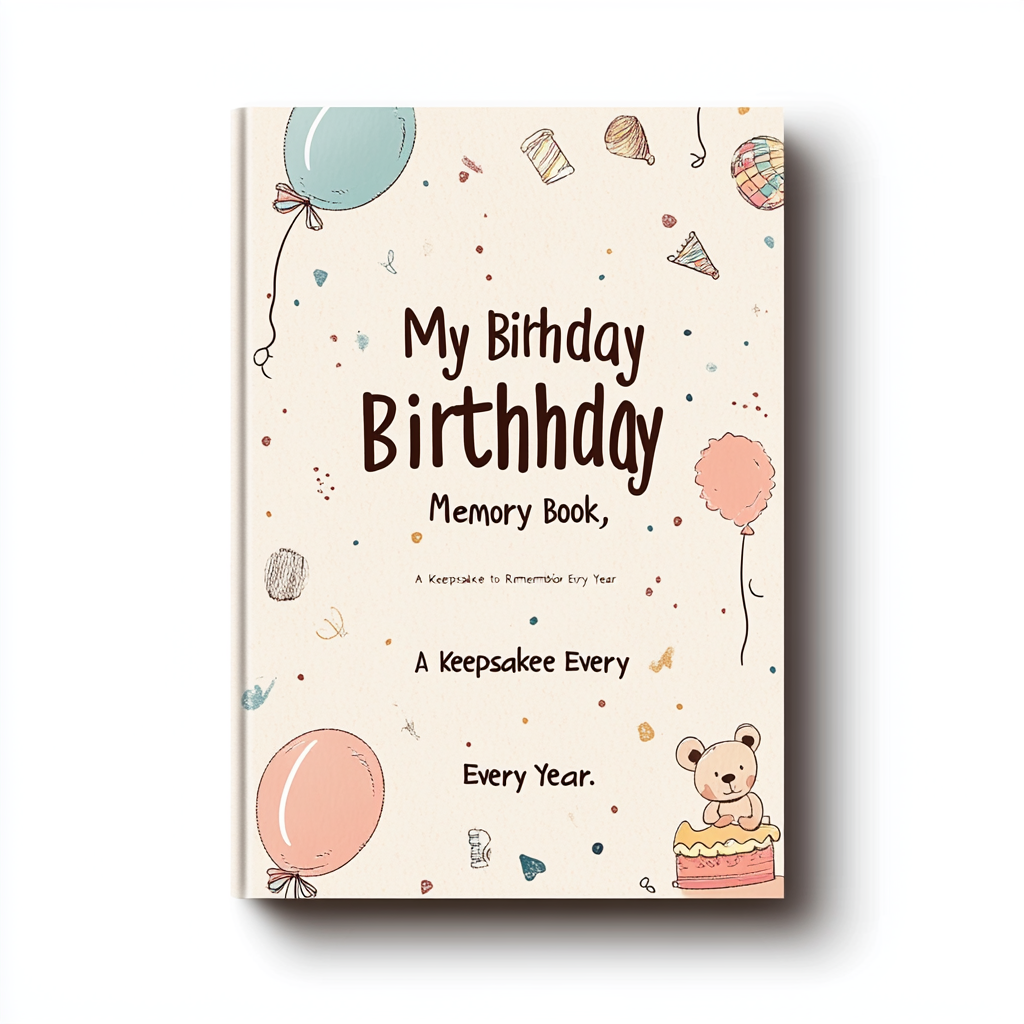 A 6x9 inch book cover with a soft, warm cream-colored background with a subtle paper-like texture. The main title, "My Birthday Memory Book," is centered in large, handwritten-style font in deep brown. Below it, in smaller serif font and in muted gold, is the subtitle: "A Keepsake to Remember Every Year." Surrounding the title are hand-drawn doodles in warm pastel tones (soft pink, muted blue, gentle yellow): a small baby rattle in the top left, a teddy bear sitting at the bottom left, a tiny birthday cake with a candle in the bottom right, and a floating balloon in the top right. Dotted lines in light brown gently connect these elements, creating a trail-like pattern. The cover is minimalist, with soft shadows to add depth but no harsh contrasts.