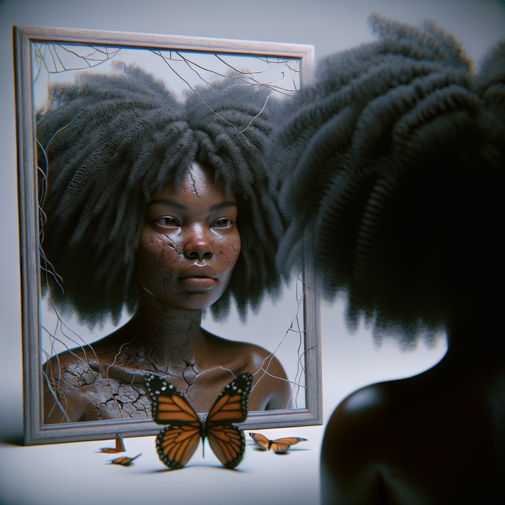 Create a 3-D realistic beautiful African-American  women with thick curly black hair
Looking at herself in the mirror, but the reflection she sees is a child, and she is no longer beautiful. She is ugly with scars. There is a fallen butterfly.