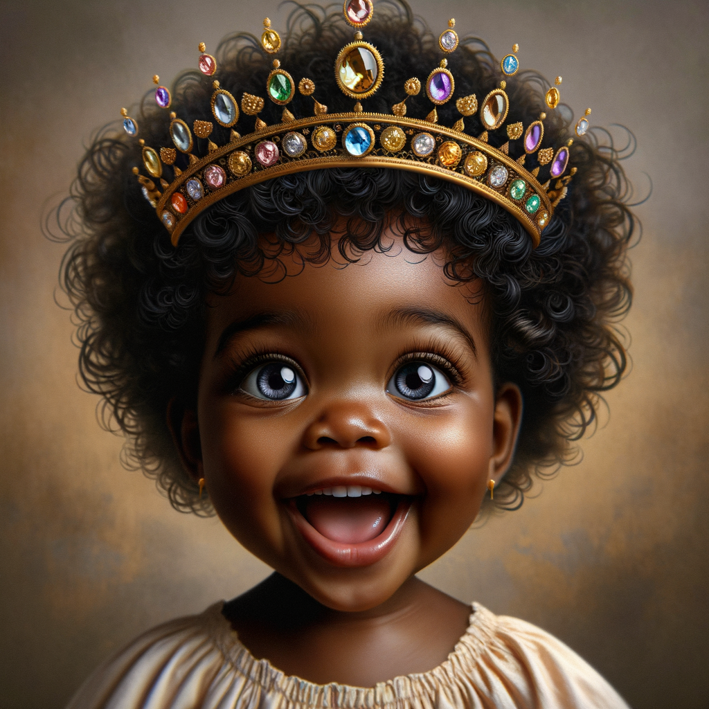 "Create a digital portrait of an adorable african-American baby girl with a joyful expression. She is wearing a gold crown with colorful jewels. Her big, bright blue eyes are wide with wonder, and her tiny mouth is shaped in a happy grin. Her skin has a warm, honey-brown tone, and she has an abundance of thick curly black hair, The background is soft and neutral to keep the focus on her delightful features. The portrait should be vibrant and heartwarming, celebrating the innocence and charm of childhood."