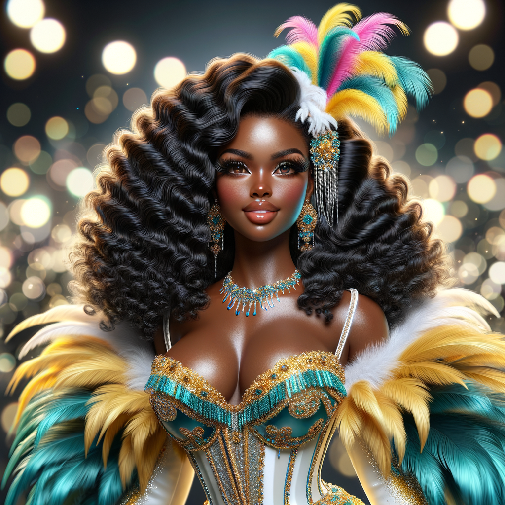 Create a 3-D  vivid full-body view of a colorful glossy hyper-realistic oil painting of a detailed illustration full length photo single image of a beautiful African-American caramel skinned woman plus sized, with long, black, wavy hair, her make up is airbrushed and flawless, she is dressed in a white, teal and yellow large, elaborate, elegant, very detailed carnival costume with colorful African-American pink, blue, gold yellow green feathers, flawless makeup, prominent lashes, black peep toe heels, white pixie hair, background bokeh, she is stunning and smiling, digital art.