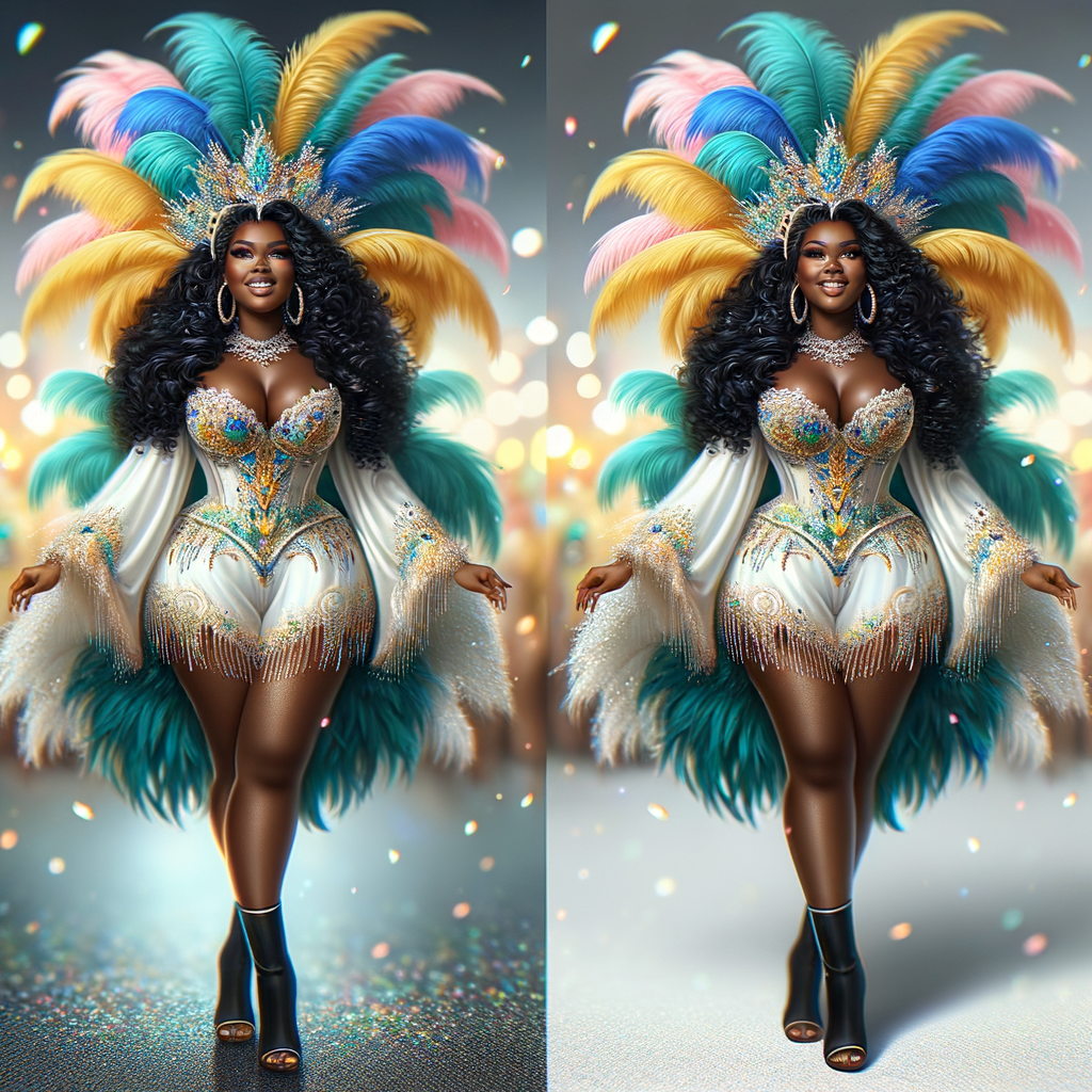 Create a 3-D  vivid full-body view of a colorful glossy hyper-realistic oil painting of a detailed illustration full length photo single image of a beautiful African-American caramel skinned woman plus sized, with long, black, wavy hair, her make up is airbrushed and flawless, she is dressed in a white, teal and yellow large, elaborate, elegant, very detailed carnival costume with colorful African-American pink, blue, gold yellow green feathers, flawless makeup, prominent lashes, black peep toe heels, white pixie hair, background bokeh, she is stunning and smiling, digital art.