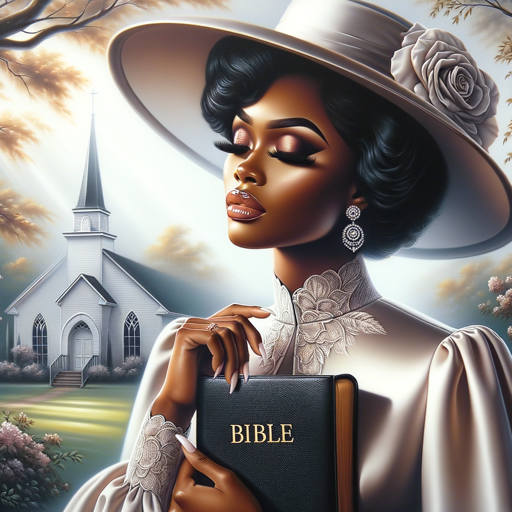 Render an airbrush oil painting of an African American woman with flawless makeup in a
contemplative pose, holding a Bible close to her heart, dressed in an elegant Sunday Best
outfit with a distinctive Church Hat. The background features a peaceful church garden,
with light filtering through the trees, highlighting her spiritual connection and the personal
moment of reflection. The artwork should capture the tranquility of the scene, the beauty
of her attire, and the depth of her contemplation, reflecting a serene and spiritually