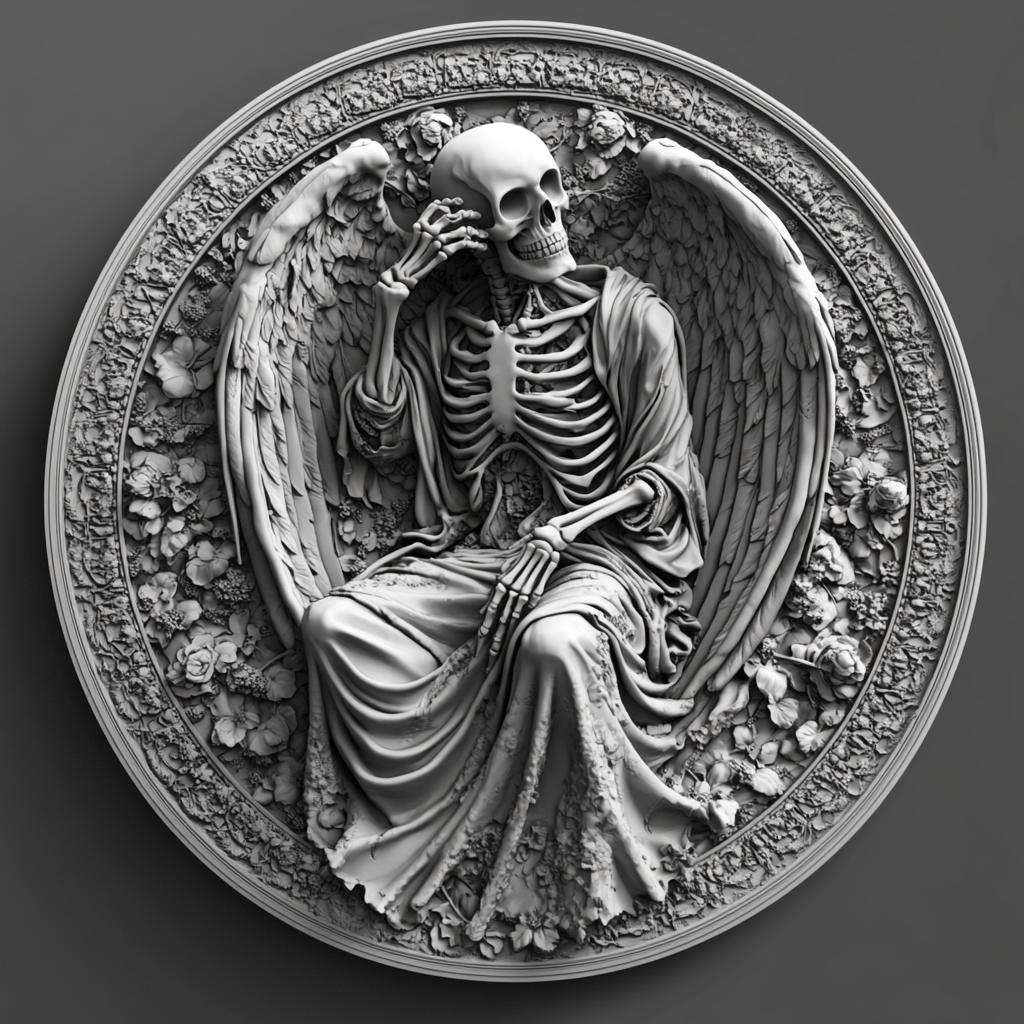 Design a high-contrast grayscale 3d bas relief of death, The composition should be circular like a coin emblem, designed for CNC routing with balanced lighting to accentuate fine details, sharp edges, and distinct textures. Employ deep shadows and strong highlights to define planes and surfaces clearly.