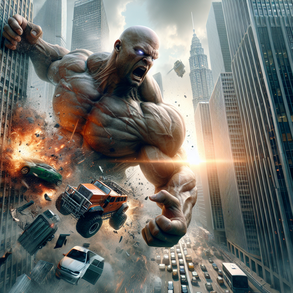 Generate a hyper-realistic image of a menacing, muscular, bald giant exhibiting superhuman strength as he effortlessly throws cars at skyscrapers, igniting colossal explosions and sending debris sprawling across the city skyline.