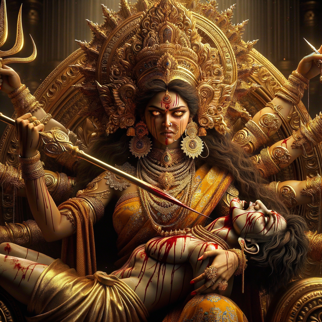 portrait of angry looking goddess durga sitting on a gold crown and carrying a weak mahishasur on her lap and stabbing him with her amazingly designed trident. She is wearing gold armor, a huge gold crown, gold saree, abundant  gold jewelry, covered in blood. The scene is set in ancient India. The image is 8K resolution, cinematic, ultra detailed face and epic.