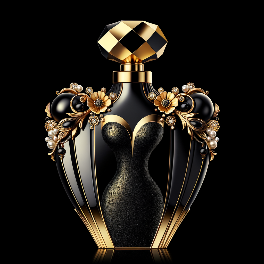 Design a fancy, black and gold bottle of perfume in the shape of a woman’s body. With a golden diamond top, flowers pearls and Diamonds in the name, Karen