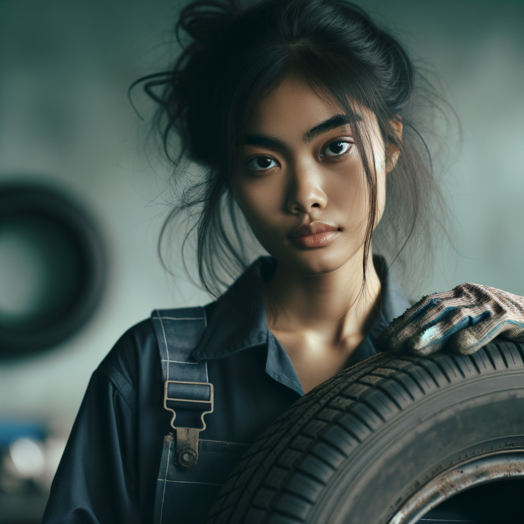 Young woman with a used tire