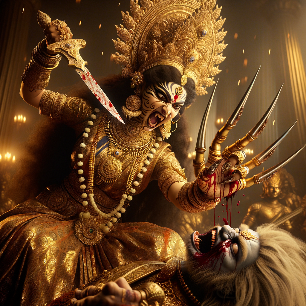 portrait of angry looking goddess durga pinning a weak mahishasur to the ground with her foot and stabbing him with her amazingly long fingernails. She is wearing gold armor, a huge gold crown, gold saree, abundant  gold jewelry, covered in blood. The scene is set in ancient India. The image is 8K resolution, photography, cinematic, ultra detailed face and epic