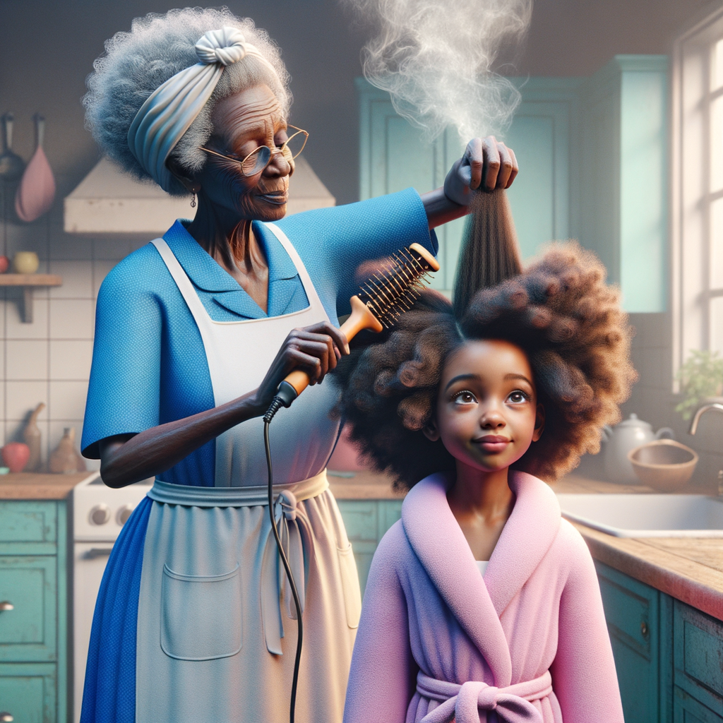 Create a realistic 3-D image of an african-American grandmother wearing a blue house dress and a white apron . She is in the kitchen with her african-American granddaughter. Her granddaughter is wearing a pink bath robe. The grandmother has a hot comb in her hand and she is straightening her granddaughters hair. One side of her granddaughters hair is in  a Afro the other straight 
There is smoke coming from the hot comb
The granddaughter is making a face