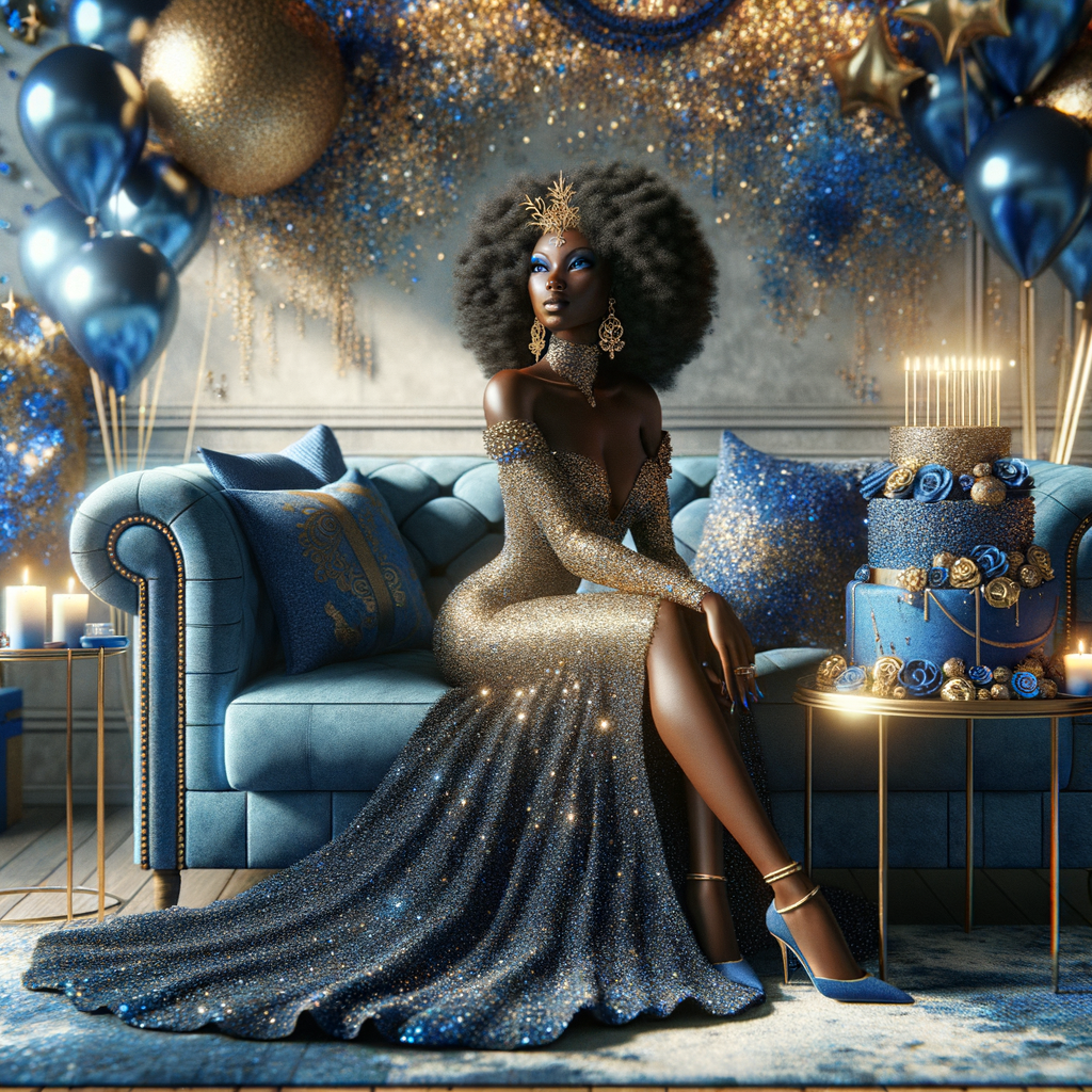 Create a 3-D realistic, African-American woman, she is seated on a luxurious blue couch. She is dressed in a splendid blue and gold gown, with the fabric shimmering like a starlit night sky. Her outfit is complemented by gold earrings and a chic blue and gold head wrap crowning her head with elegance. Beside her, a beautifully decorated birthday cake adorned with blue and gold icing, stands on a small table, with candles waiting to be wished upon. In the air, blue and gold balloons catch the light, adding a touch of magic. The room itself is a harmony of celebration, with hints of gold accents against blue decor, creating an atmosphere of joyous celebration.