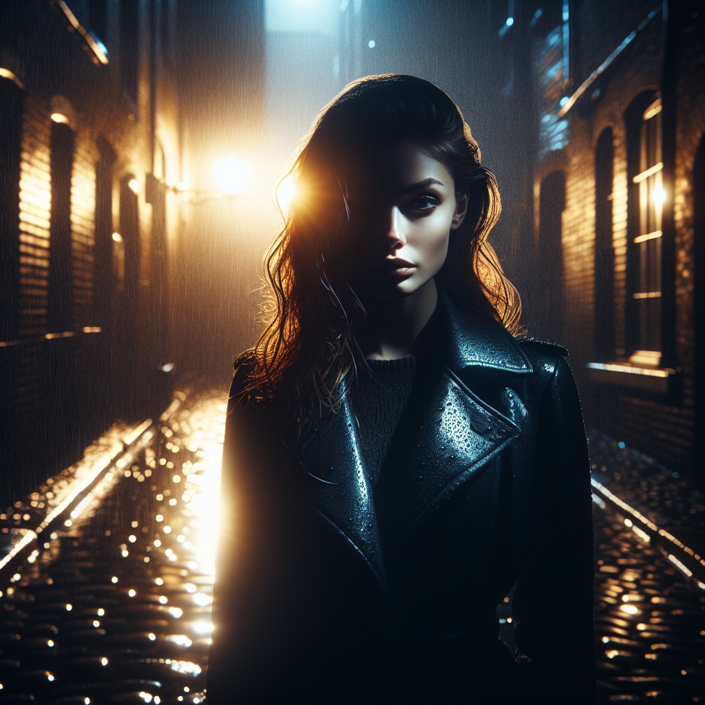 A young woman standing in a rain-soaked alley, her face dramatically lit by the glow of a single streetlamp. The glistening cobblestones below her reflect faint light, and her rain-drenched coat adds texture and depth to the shadowed scene