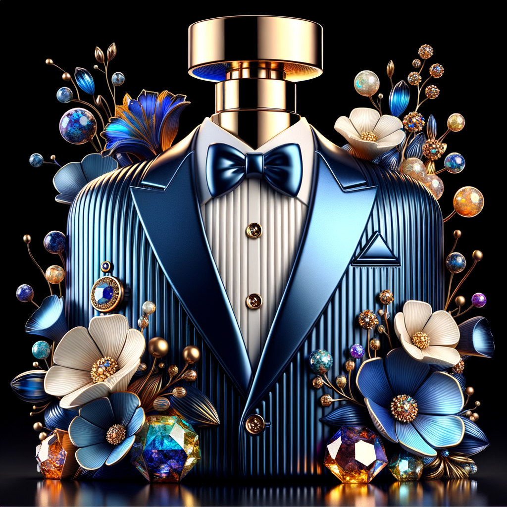 Create a blue and gold cologne bottle in the shape of a tuxedo with flowers with the name, Bradley and colorful jewels and diamonds