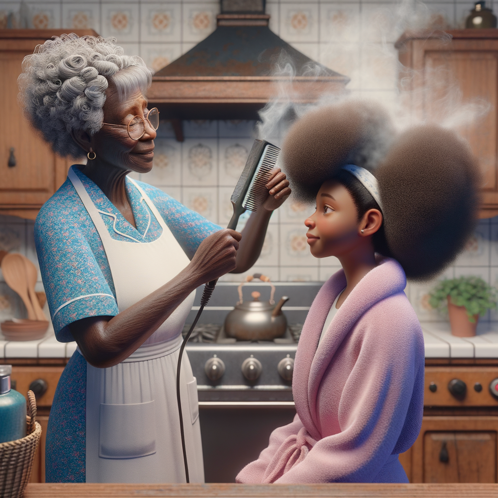 Create a realistic 3-D image of an african-American grandmother wearing a blue house dress and a white apron . She is in the kitchen with her african-American granddaughter. Her granddaughter is wearing a pink bath robe. The grandmother has a hot comb in her hand and she is straightening her granddaughters hair. One side of her granddaughters hair is in  a Afro the other straight 
There is smoke coming from the hot comb
The granddaughter is making a face