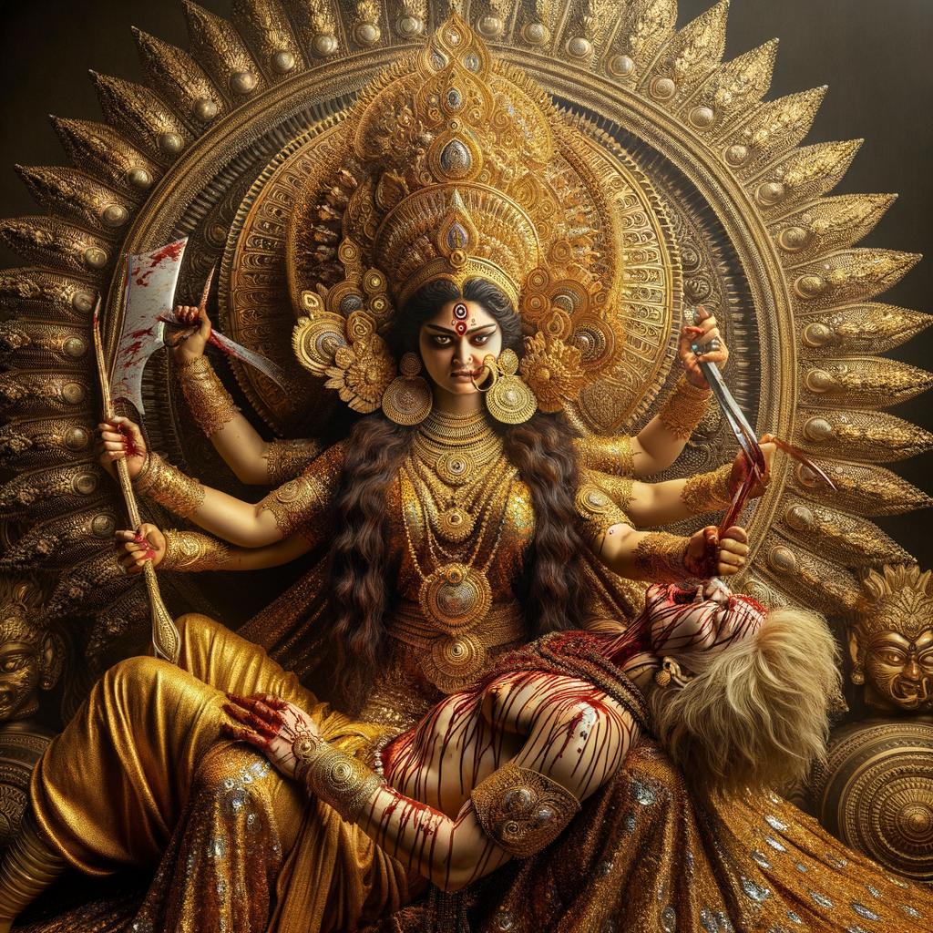 portrait of angry looking goddess durga sitting on a gold crown and carrying a weak mahishasur on her lap and she is stabbing his belly  with her amazingly long fingernails. She is wearing gold armor, a huge gold crown, gold saree, abundant  gold jewelry, covered in blood. The scene is set in ancient India. The image is 8K resolution, photography, cinematic, ultra detailed face and epic