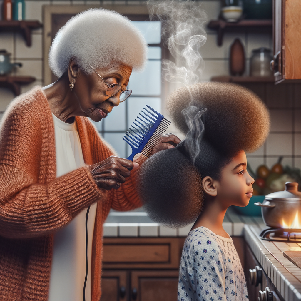 Create a realistic 3-D image of an african-American grandmother in the kitchen with her african-American granddaughter. The grandmother has a hot comb in her hair and she is straightening her granddaughters hair. One side of her granddaughters hair is in  a Afro the other is bone straight 
There is smoke coming from the hot comb