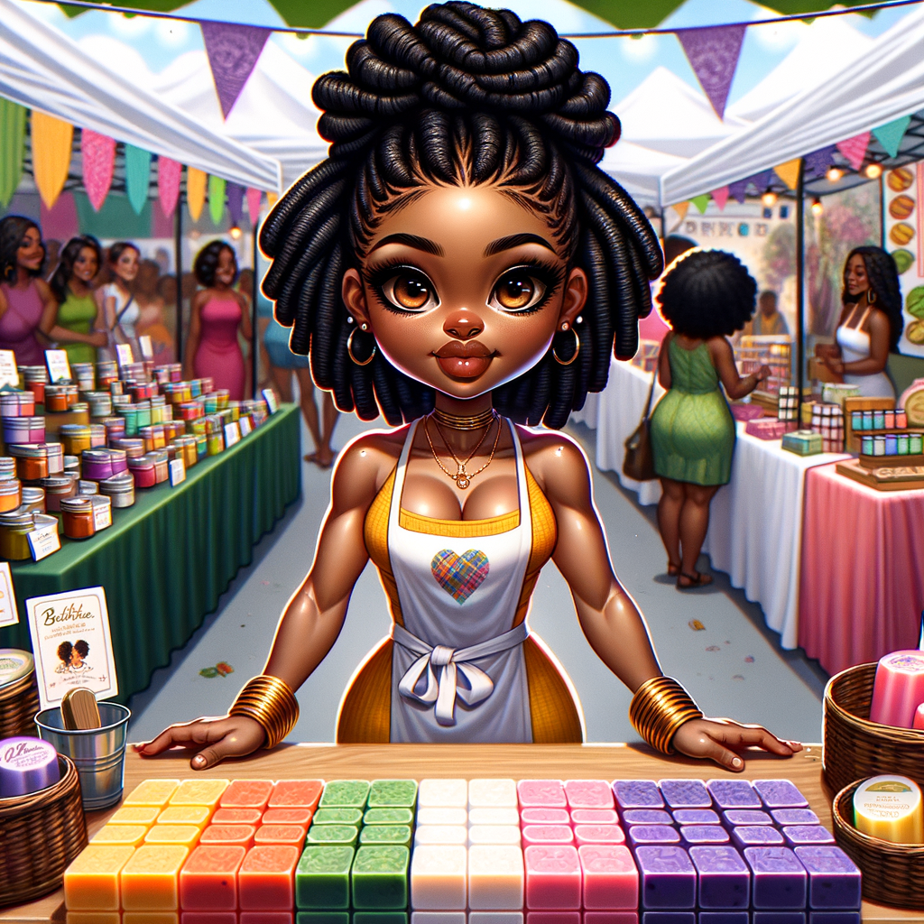 "Envision a digital painting of a vibrant African American chibi character, boasting an athletic yet curvy build. She has wide almond-shaped eyes and luscious full lips. Her hair is elegantly styled into an updo of locs, each adorned with shiny golden cuffs. She stands proudly behind a booth at a bustling craft fair, surrounded by her own handmade colorful soaps and aromatic candles. She wears a branded apron over a cheerful summer dress, actively engaging with customers. The perspective of the artwork is dynamic, with the craft table positioned at an inviting angle, allowing a three-dimensional view of the varied products. Banners flutter above her, displaying the brand name in a festive font. This scene is alive with the fair's energetic atmosphere, focusing on the rich interactions between the creator and her patrons, and showcasing the intricate textures and vivid colors of the crafts."