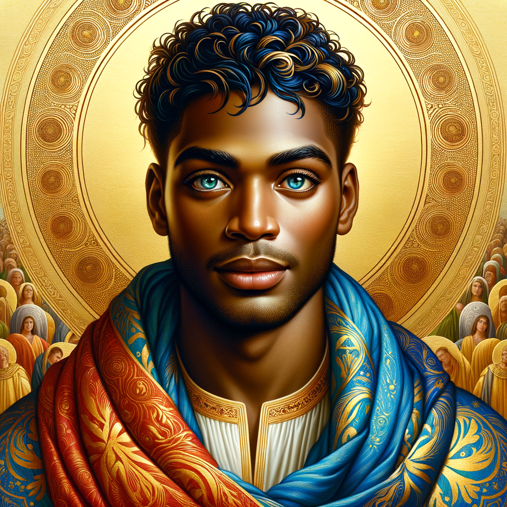 Create a beautiful African-American Jesus Christ with Hazel, brown eyes and blue and gold robe