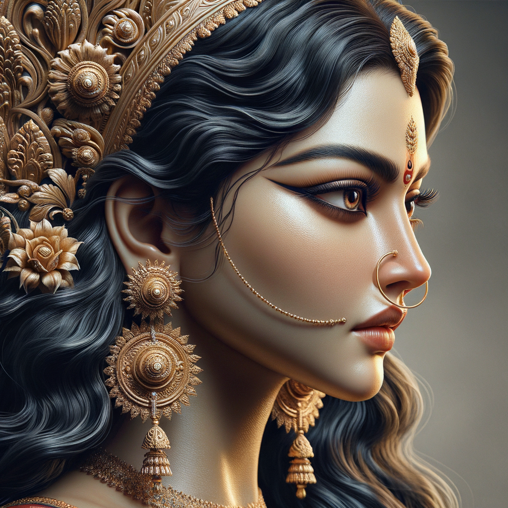 Side view portrait of extremely angry goddess durga. intricately detailed depiction of a goddess. gold jewelry all over body. sharp nose, light skin, beautiful brown eyes, wavy black hair, ultra detailed face. Wearing red saree, a lot of gold ear piercings, huge gold crown. uhd, hdr, 64k, epic, ultra detailed face, photography, 8k, UHD