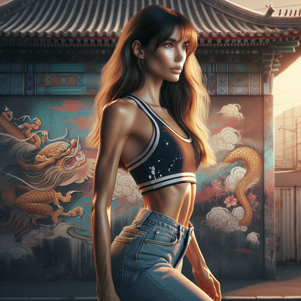 Athletic Thin skinny Attractive, Asian teenage girl, long brown hair and bangs, wearing tight skinny jeans and a halter top paint marks on her clothing, heroic pose Asian graffiti background, side view