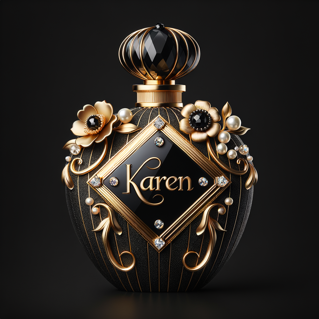 Design a fancy, black and gold bottle of perfume in the shape of a woman’s body. With a golden diamond top, flowers pearls and Diamonds in the name, Karen